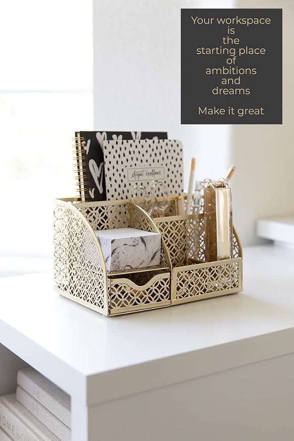 BLU MONACO Gold Desk Organizer – Designer Metal with Gold Finish, Storage for Paper & Office Supplies, Decorative Storage for Home or Office