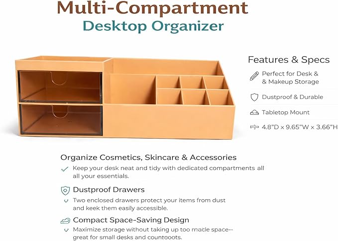 Desktop Drawer Storage Organizer – Multi-Purpose Plastic Makeup & Office Storage Box with Divided Drawers, Dust-Proof Vanity Organizer for Cosmetics, Jewelry & Stationery (Pink)