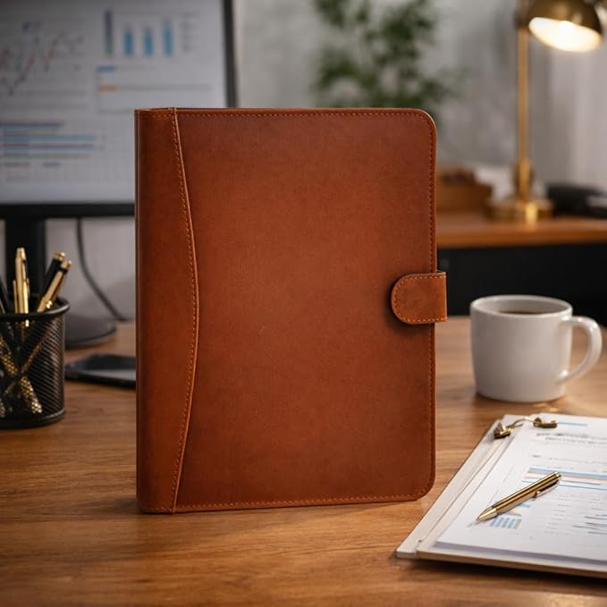 Leather Portfolio Padfolio Organizer – Professional Resume & Interview Portfolio Folder with Zipper Pocket, Card Slots & Pen Holders – Genuine Leather Business Portfolio Binder for Documents