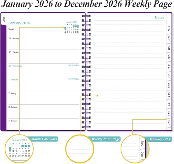 2026 Planner - Weekly & Monthly Planner from January 2026 - December 2026, Planner 2026 with Flexible Cover, Tabs, Inner Pocket, 6.4" x 8.5", Purple