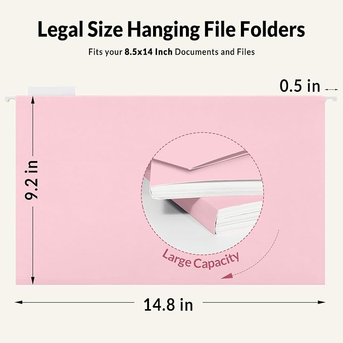 SUNEE Hanging File Folders Legal Size, Pink File Folders 25 Pack 1/5-Cut Tabs, Stay Organized for Your Home and Office Bulk File and Documents