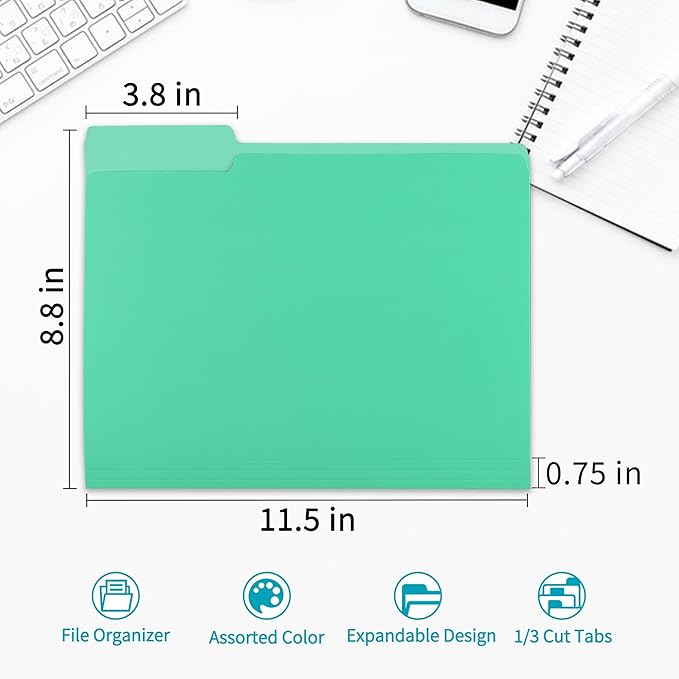 100 Packs Colored File Folders,Light Green File Folders,Two Tone Color File Folder 8.5 x 11 Inch,1/3 Cut Tabs Letter Size,Manila File Folders for Office,School and Home,Organization