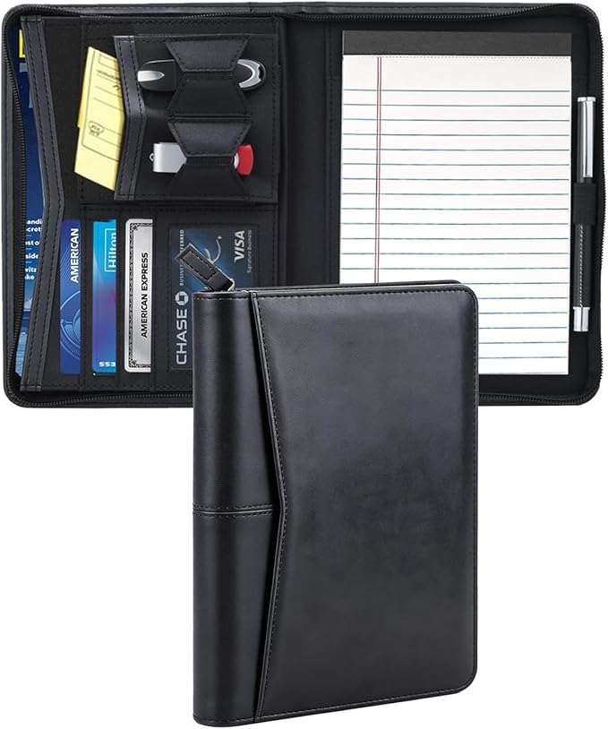 Junior Padfolio/Resume Portfolio Binder with Refillable Lined Notepad, A5 Padfolio Folder, Business Portfolio, Multi-Function Case, A5 Writing Pad Included,Black.