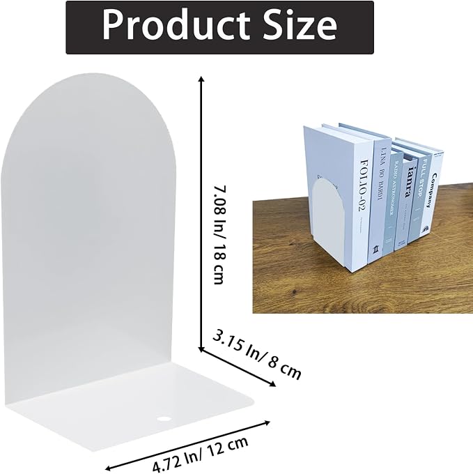 MerryNine Metal Book Ends, 2 Pack White Bookends for Shelves, Book Holder for Heavy Books, Book End for Kids Books, Decoration Bookend for Home Office