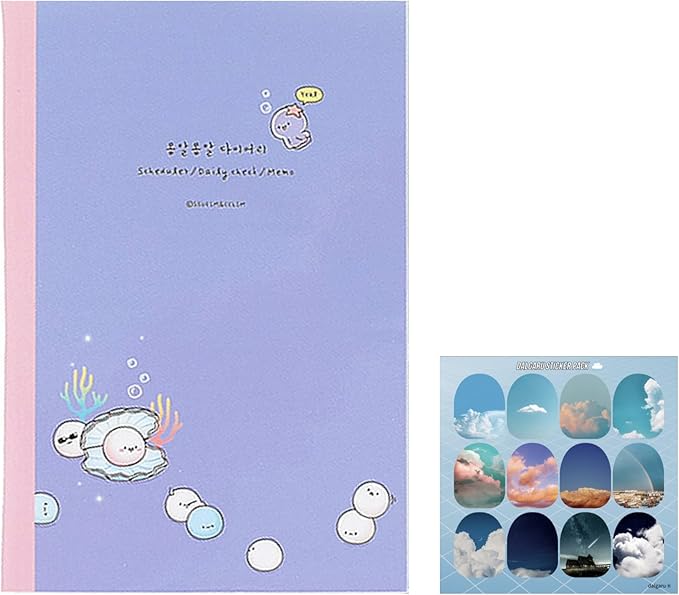 Kawaii Mini Korean Weekly Undated Planner + 1 dalgaru sticker sheet - 128 pages, Soft PVC Cover Cute Small stationery for school, academic, teens, women, girls (Pearl (Purple))