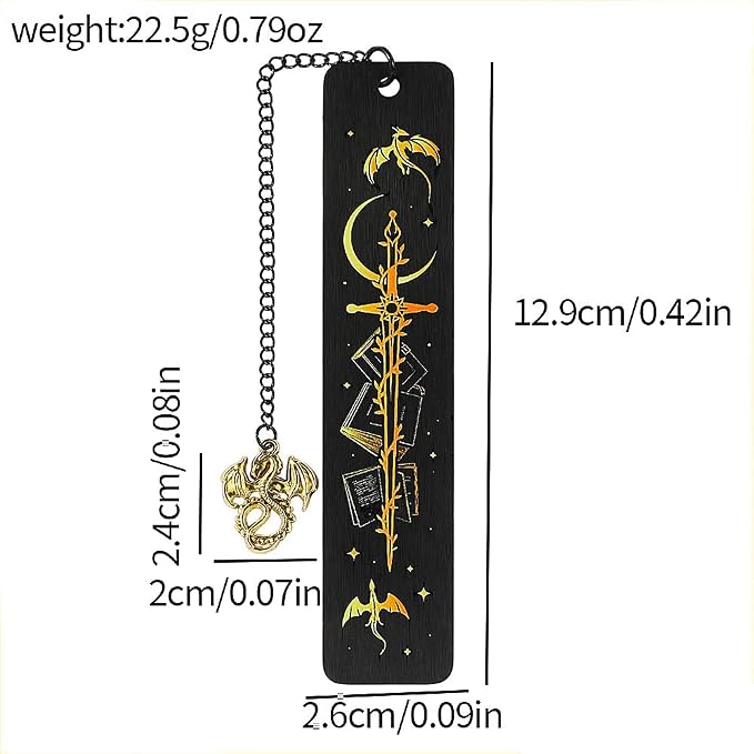 Dragon Sword Bookmark for Fantasy Book Lovers, Stainless Steel Metal Bookmark with Dragon Charm Chain, Dark Fantasy Reading Accessory, Collectible Book Mark Gift for Women Men Readers(Dragon)