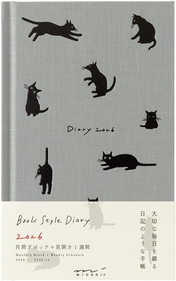 Midori Book Style Diary, 2026, B6 Variation, Weekly Cat Pattern, Gray 22377006 (Starts from January 2026)