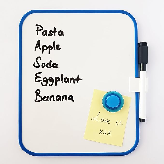 Magnetic Dry Erase Board for School Locker, 6" x 8", Blue Framed with Marker and 2 Magnets - Small Whiteboard for Classroom, Home, Office, Travel