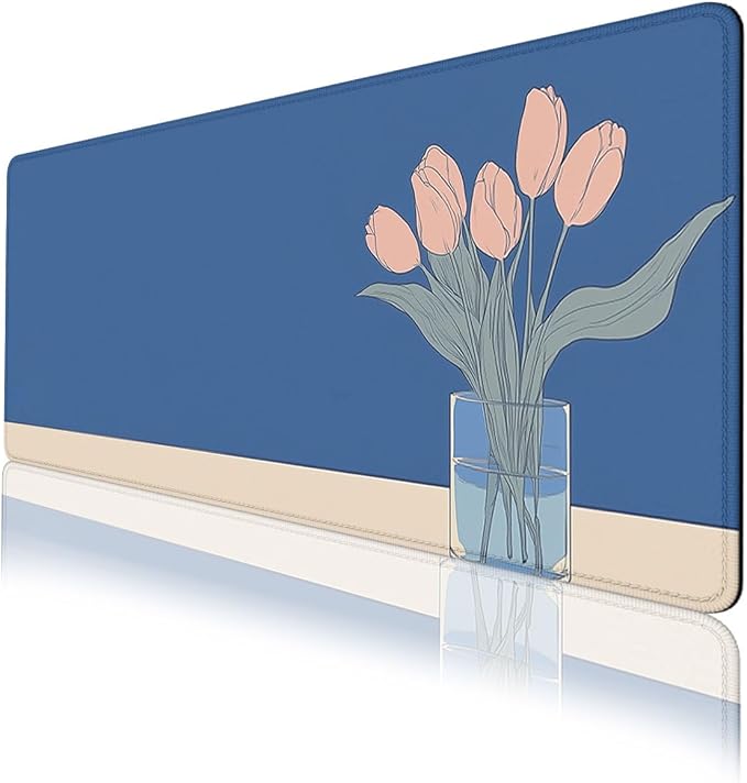 Minimalist Flowers Desk Mat Gaming Mouse Pad Blue Tulip Vase Large Gaming Mouse Mat with Stitched Edges,Non-Slip Waterproof Rubber Base Mous Mat Office Computer Keyboard 31.5"x11.8"