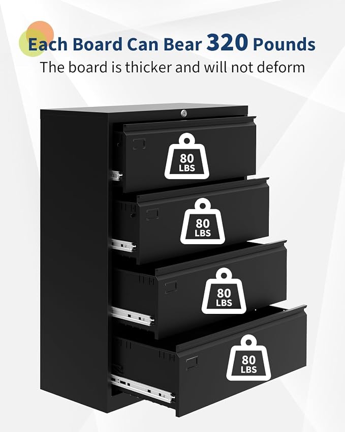 4-Drawer Lateral File Cabinet with Lock, Steel Filing Cabinet for Letter/Legal/a4, Space-Saving Office Storage Organizer, Smooth Full Extension Drawers, Easy Assembly, Black