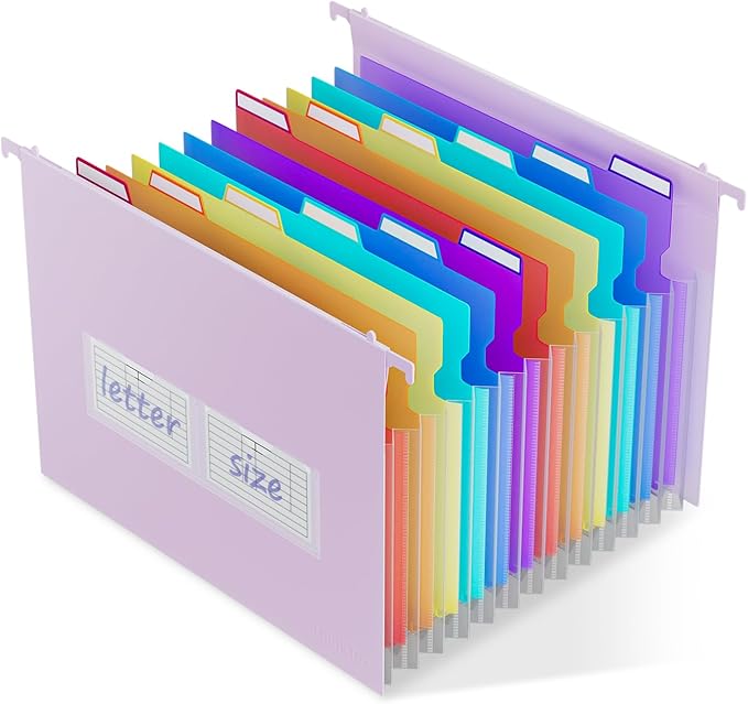 ThinkTex Plastic Expanding Hanging File Folders,12 Accordion Pockets,Large Capacity for Letter Size, Organizer for Filing Cabinet,Ideal for Tax,Contracts,Invoices,for Office,School & Home,Purple
