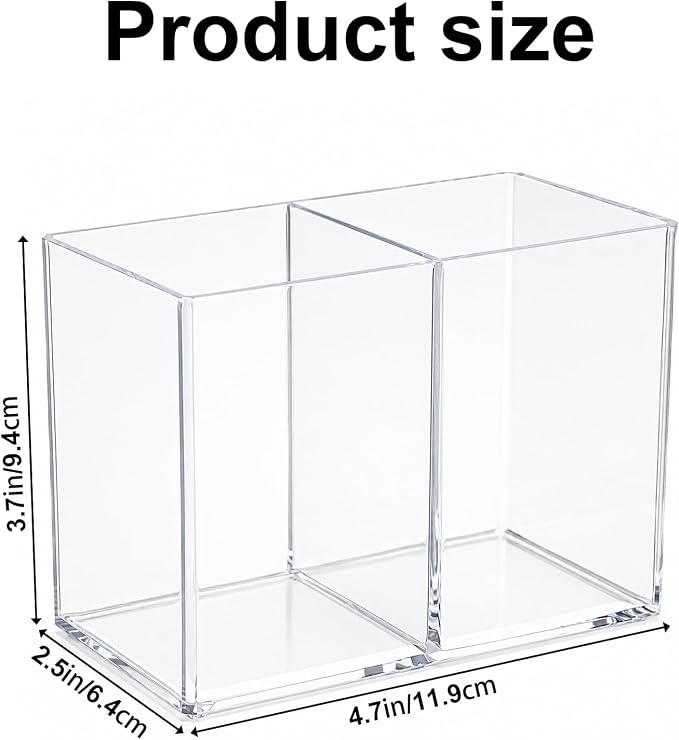 Acrylic Pen Holder for Desk, Clear, 2 Compartments | Countertop Desk Accessory Storage, Makeup Brush Organizer