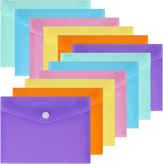 Plastic Envelopes 12 Pack Clear Document Folders，Plastic Envelopes with Snap Closure, Poly Folder File Folder for School Home Work Office Organization (4.21 * 2.95 inch)