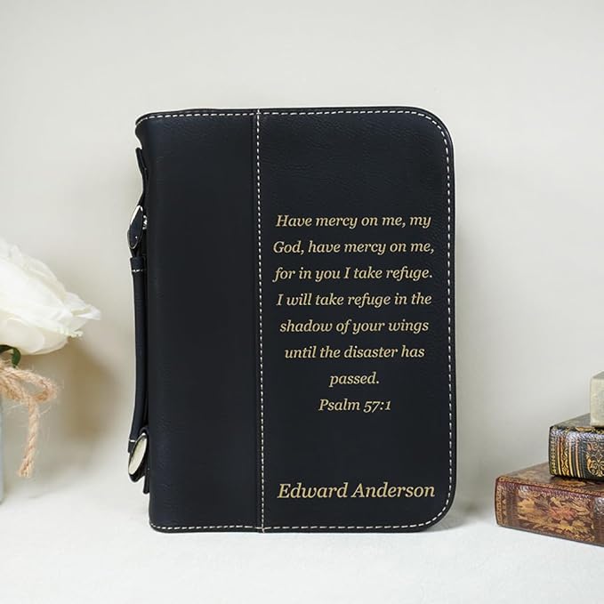 Personalized Vegan Leather Zippered Bible Cover – Custom Engraved Scripture Journal Case with Handle, Pen Holder & Pocket – Fits Large & Medium Bibles