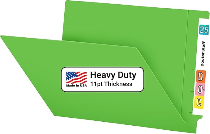 Green File Folders, USA Made, Doctor Stuff, No Fasteners, Durable 11pt, Reinforced End Tab, Colored Office & Medical Charts and Patient Chart Folder, Box of 100