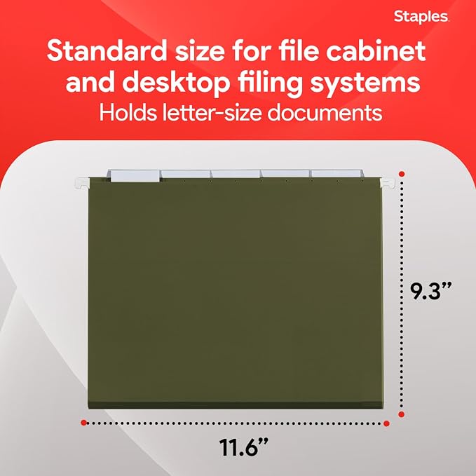 Staples Reinforced Hanging File Folders, Letter Size, 3" Expansion, Wide‑Capacity Box‑Bottom Design, Standard Green – 25/Pack