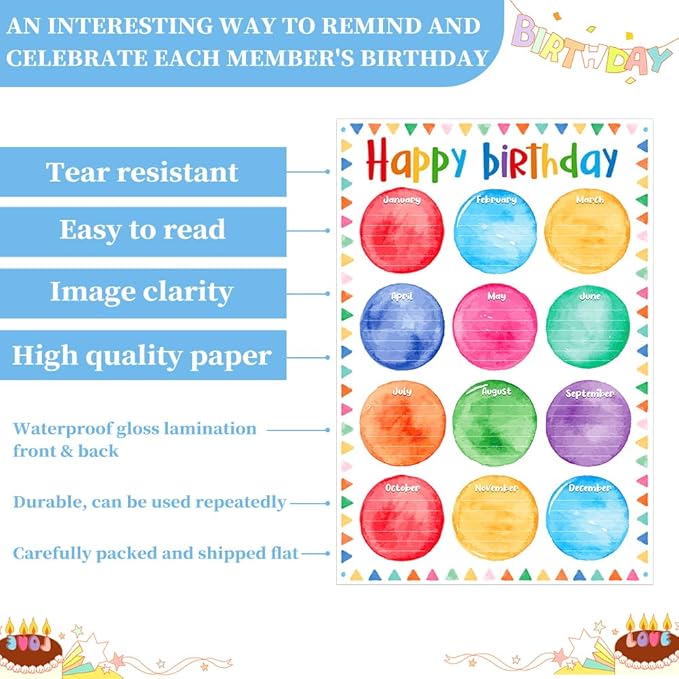 D24TIME Birthday Chart for Classroom - 16.5''x11.2'' Watercolor Happy Birthday Posters Calendars Class Bulletin Board Decorations Posters for Back to School Teacher Supplies