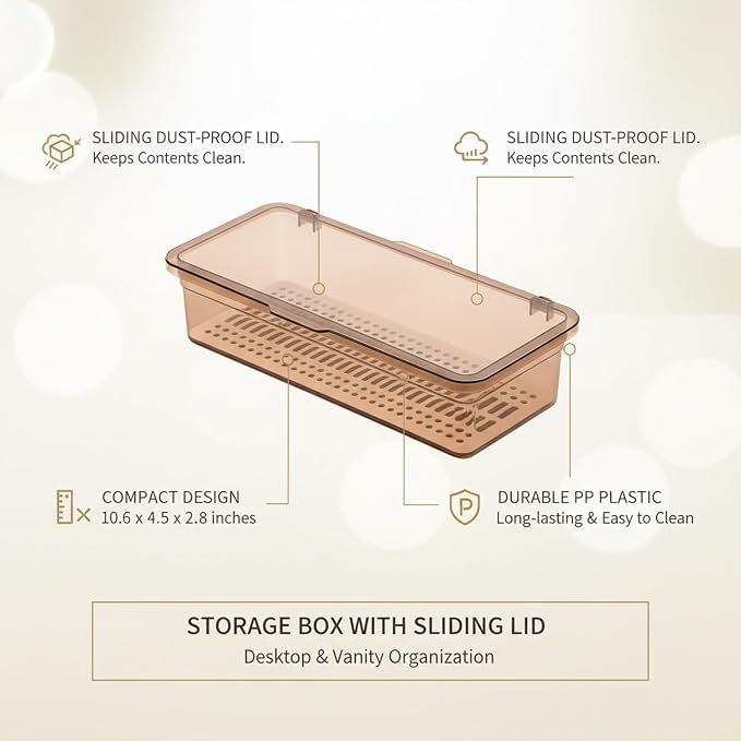 Desktop Storage Box with Sliding Lid, Clear PP Plastic Organizer for Office Supplies, Vanity Essentials, and Kitchen Countertops, Brown, 10.6 x 4.5 x 2.8 Inches