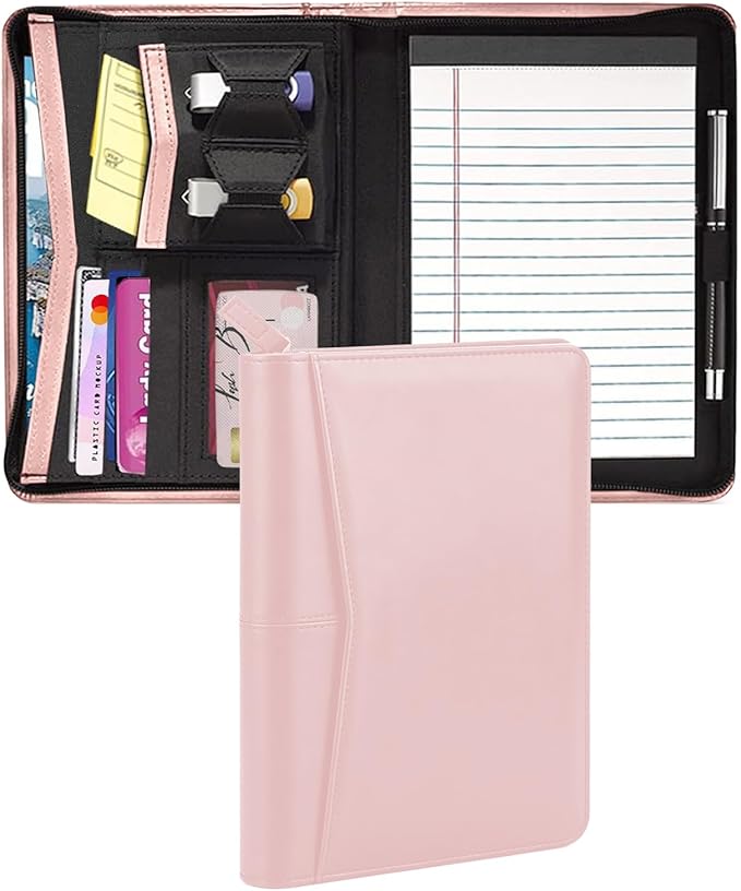 Junior Padfolio/Resume Portfolio Binder with Refillable Lined Notepad, A5 Padfolio Folder, Business Portfolio, Multi-Function Case, A5 Writing Pad Included, Pink.