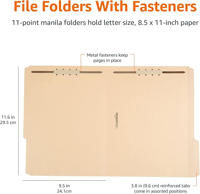 Amazon Basics Manila File Folders with Fasteners for Organized Filing, Letter Size, 100-Pack