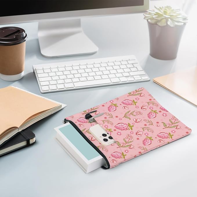 Book Sleeve Book Lovers Gifts Waterproof Books Pouch Protector Cover Gifts for Women Girls Bookworm Teacher Reader Librarian Birthday Graduation Christmas, Pink Floral Strawberry Butterfly Decor