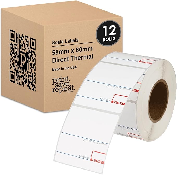 Print.Save.Repeat. 58mm x 60mm Labels for CAS Scales (8020) | 40mm Core | 6,000 Labels | 12 Rolls of 500
