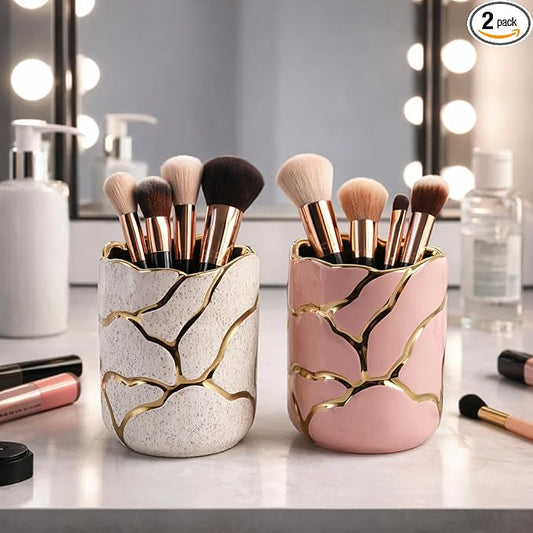 Cylindrical Desk Organizer for Desktop Organization - Ceramic Office Storage Organizer for Workspace Decor - Boho Stoneware Design Small Office Accessories for Home Decor - Set of 2, 5", Ivory & Pink