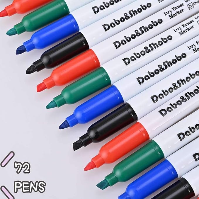 Dabo&Shobo White Board Markers-72 Pcs 4 Color Fine Tip Dry Erase Markers，Perfect for Writing on Whiteboard Mirrors Glass for Office