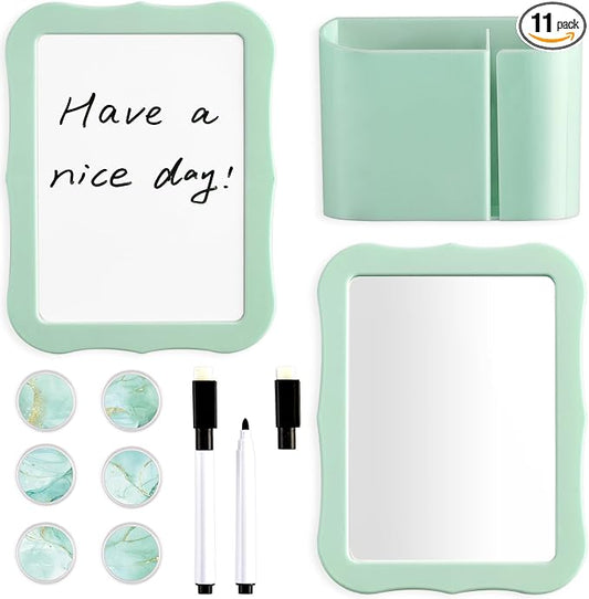 QOUBAI 11 Pcs School Lockers Magnetic Decor Green Locker Accessories Kit with Magnetic Mirror Whiteboard Pen Holder Buckles Lockers Organizer Decorations Locker Essentials for Back to School Supplies