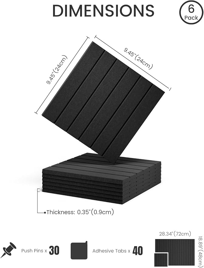 Fluxynara Felt Bulletin Board Tiles -28"x18" with 40 Adhesive Tabs, Cork Board Alternative for Office Decor, Push Pin Board Wall Organizer 6-Pack (Black)