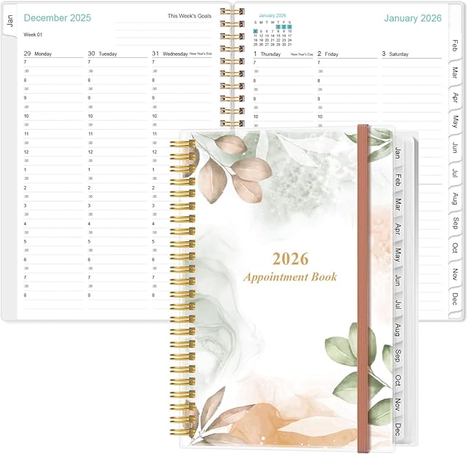2026 Appointment Book & Planner - 2026 Daily Hourly Planner from January 2026 - December 2026, Weekly Appointment Book with 30-Minute Interval, Medium 6.4" x 8.5", Rose Leaf