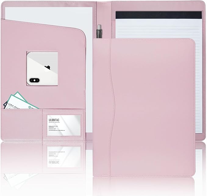 Leather Portfolio Folder Padfolio, Business Padfolio Organizer Document Planner Portfolio Binder Storage Pocket for Legal Pad Holder Paperwork Phone Men Women (Pink)