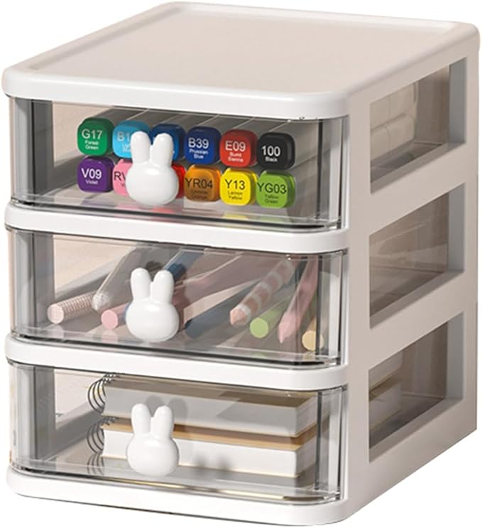 Plastic Desktop Storage Box Drawers, Stackable Desk Organizer with Bunny Handle Desktop Drawers Multi Tier for Office School(Clear) (White Three Layers)