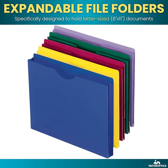 1InTheOffice Poly File Jacket File Folder, Letter 1" Expanding File Jacket, 10-Pack, Assorted