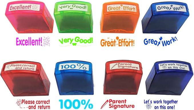 Teacher Stamps - 8pcs Self Inking Motivational Encouraging and Colorful Set for Parent and Home Setting