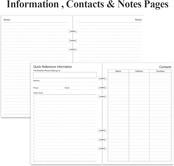 Monthly Planner Refills for A5 Binders - 53 Sheets/106 Pages Undated Colorful Monthly Planner, 6-Hole Punched, 100 gsm White Paper, Lasts 2 Year, Undated, 5.8" x 8.3"