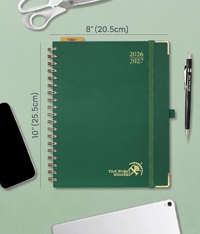 POPRUN 2026-2027 Academic Year Weekly and Monthly Planner Calendar,Jul 2026 - Jun 2027，10" x 8"， Daily Agenda Book & Appointment Book with Hourly Schedule, Tabs, Hardcover, School and Office Supplies - Dark Green
