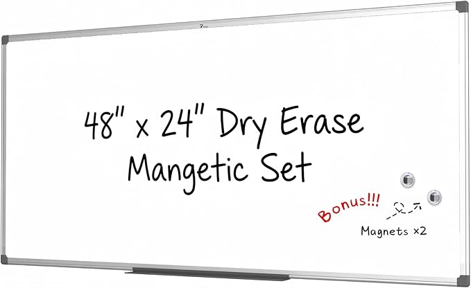TOWON Magnetic Dry Erase Board White Board, Silver Aluminium Frame, Whiteboard for Wall with Pen Tray and Accessories for Office, Homeschool, 48 x 24 Inches