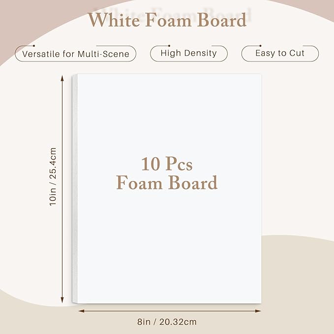 AUEAR, 10 Pack 8x10 White Foam Boards, Foam Core Poster Board for Display, Mounting, Print, Presentation and Projects, 1/8'' Thick