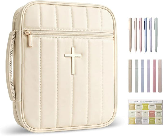 Wuflyover Bible Bag for Women with Study Set, Quilted Bible Cover Case with Handle, Bible Carrying Case for Church, Tabs, Notes, Pens and Highlighters, (Beige+Study Accessories)