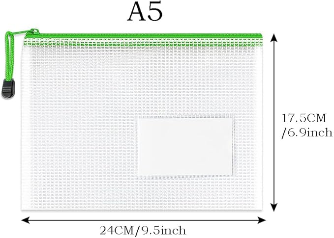 10 Pack A5 Mesh Zipper Pouches with Side Label Holder, Semi‑Clear Organizer Bags for Documents, School Supplies, Travel & Home Organization – 9.5×6.9 Inch