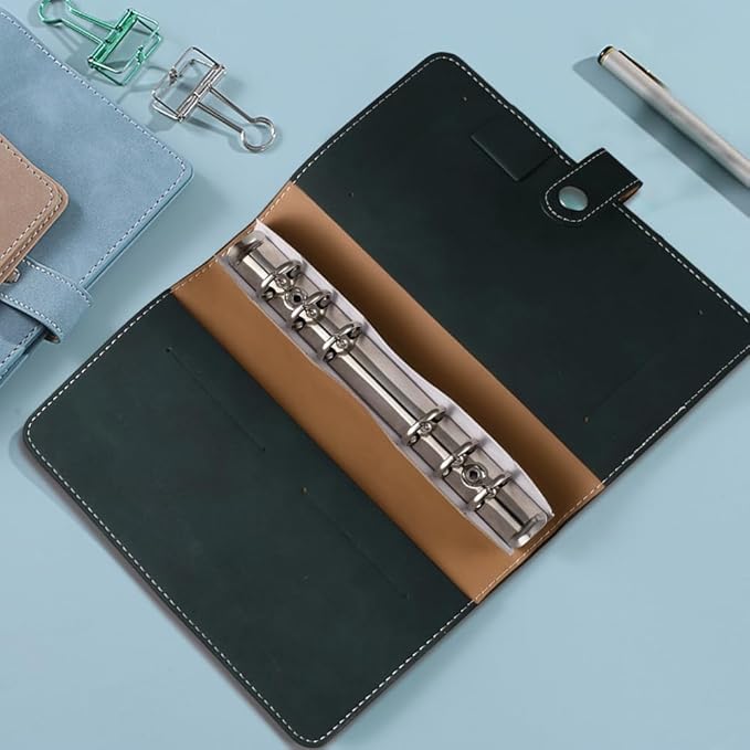 A6 PU Leather Notebook Binder Refillable 6 Ring Planner Cover with Dividers Pockets Travel Journal Folder Soft Cover Loose Leaf Binder Protector for Meeting Filler Paper Cash (Dark Green)
