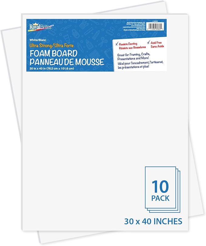 Royal Brites Premium White Foam Board 30” x 40”, Sturdy & Lightweight 3/16" Thick Board for Art, Work Presentations, & School Projects, Pack of 10