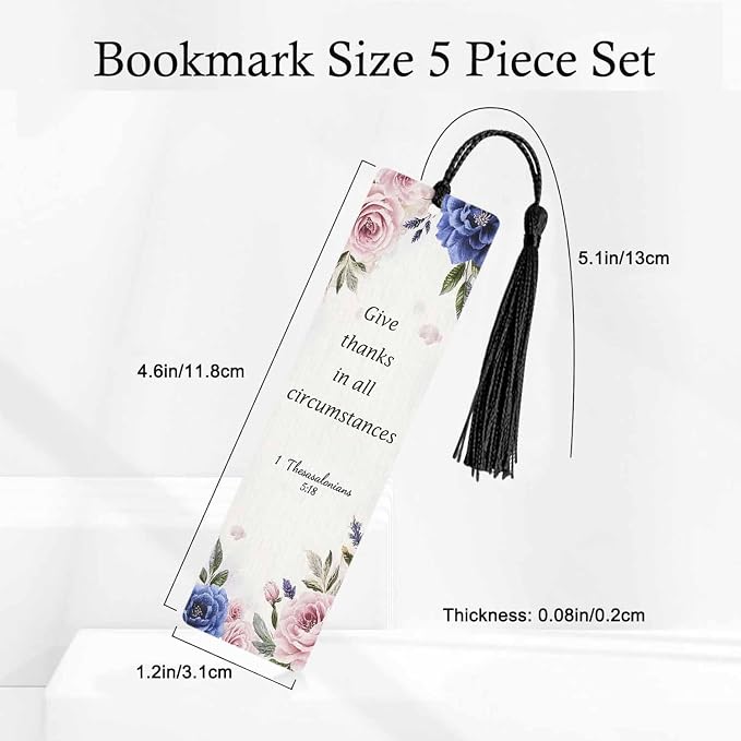 Pink Blue Flowers 5 Pcs Bookmarks Give Thanks Bible Word Wooden Bookmarks with Tassel for Students Reader Teachers Book Lovers