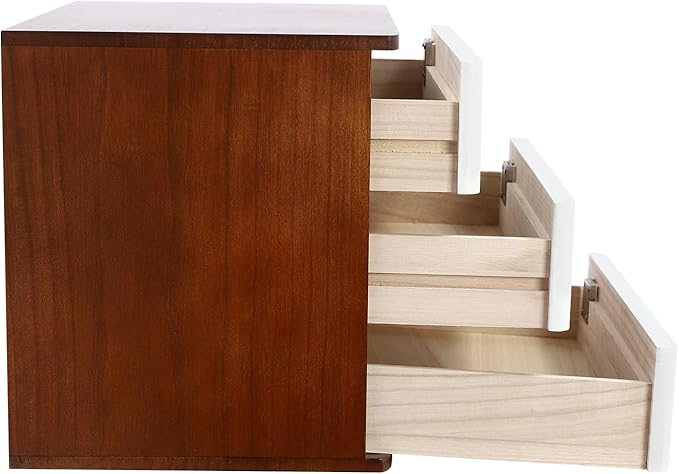 Lockable Desk Organizer Wooden Desktop Drawers Office Flat Files Storage Box Locking Countertop Storage Cabinet (Walnut + White, 3-Tier)