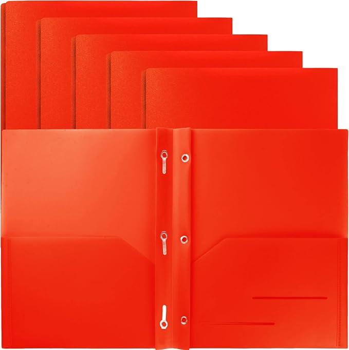 Youngever 6 Pack Heavy Duty Plastic Two Pocket Folders with 3 Prongs, Metal Prongs Fastener, Heavy Duty Plastic 2 Pocket Folder (Red)