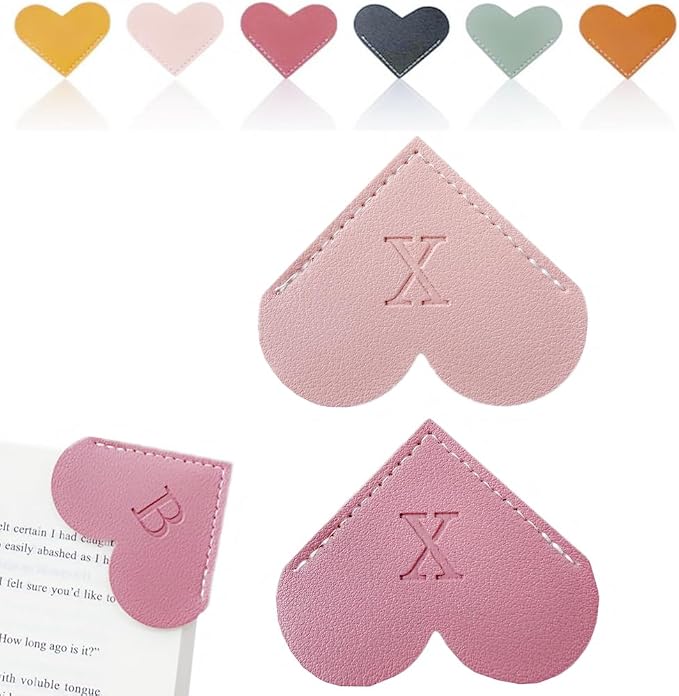 Personalized Leather Heart Bookmark, 26 Letters Customized Corner Book Mark for Reading Women, Book Marker with Initials，Cute Gifts (Light Pink+Deep Pink, X)