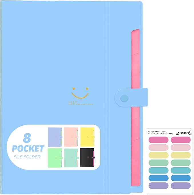 Expanding File Folder, 8 Pockets Accordion File Organizer, A4 Letter Size Paper Document Receipt Organizer Accordian Filing Folder for Classroom, Home, Office and Travel(Blue)