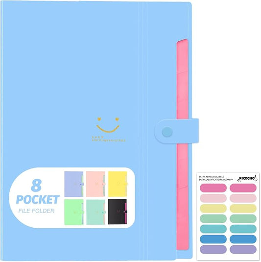 Expanding File Folder, 8 Pockets Accordion File Organizer, A4 Letter Size Paper Document Receipt Organizer Accordian Filing Folder for Classroom, Home, Office and Travel(Blue)