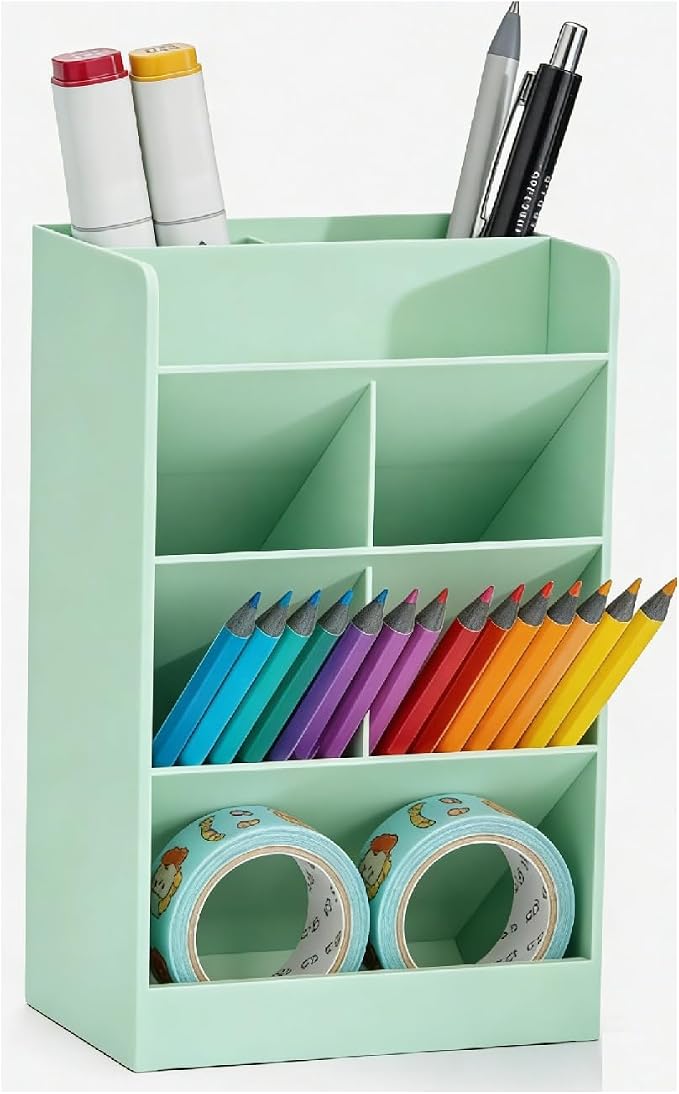Tissting Slanted Desk Organizer, 7 Compartments Pen Holder, Green Stationery Storage Stand for Office School - Space Saving Desktop Organizer with Multiple Compartments for Pens Pencils Markers